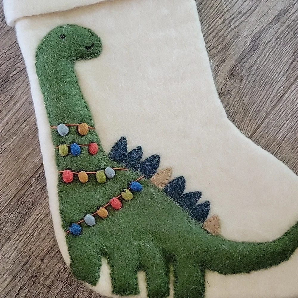 West Elm Dinosaur Brontosaurus Felted Wool Chrismas Stocking Handmade Nepal NWT